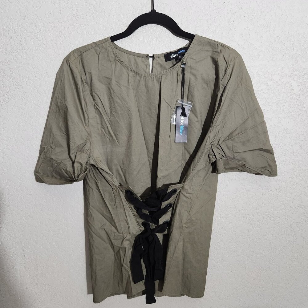 Alice Blue Blouse Womens Large Olive Green Lace Up Waist Short Sleeve Cotton New